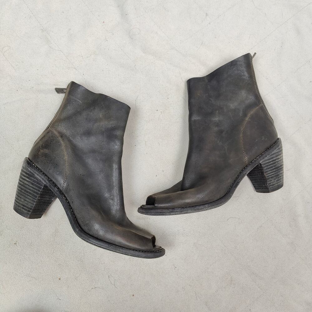 Guidi Horse Leather Open Toe Boots Womens 41 Object Dyed Black Brown Block Heel